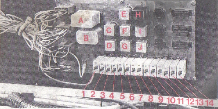 Volvo B10M Mk I Electrical distribution centre fuse, fuse ratings, plus relay layout